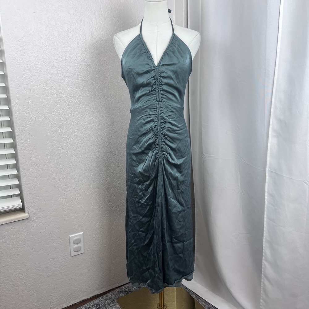 ASTR The Label Midi Dress Womens Medium Blue Toledo Ruched Halter Silky Vacation